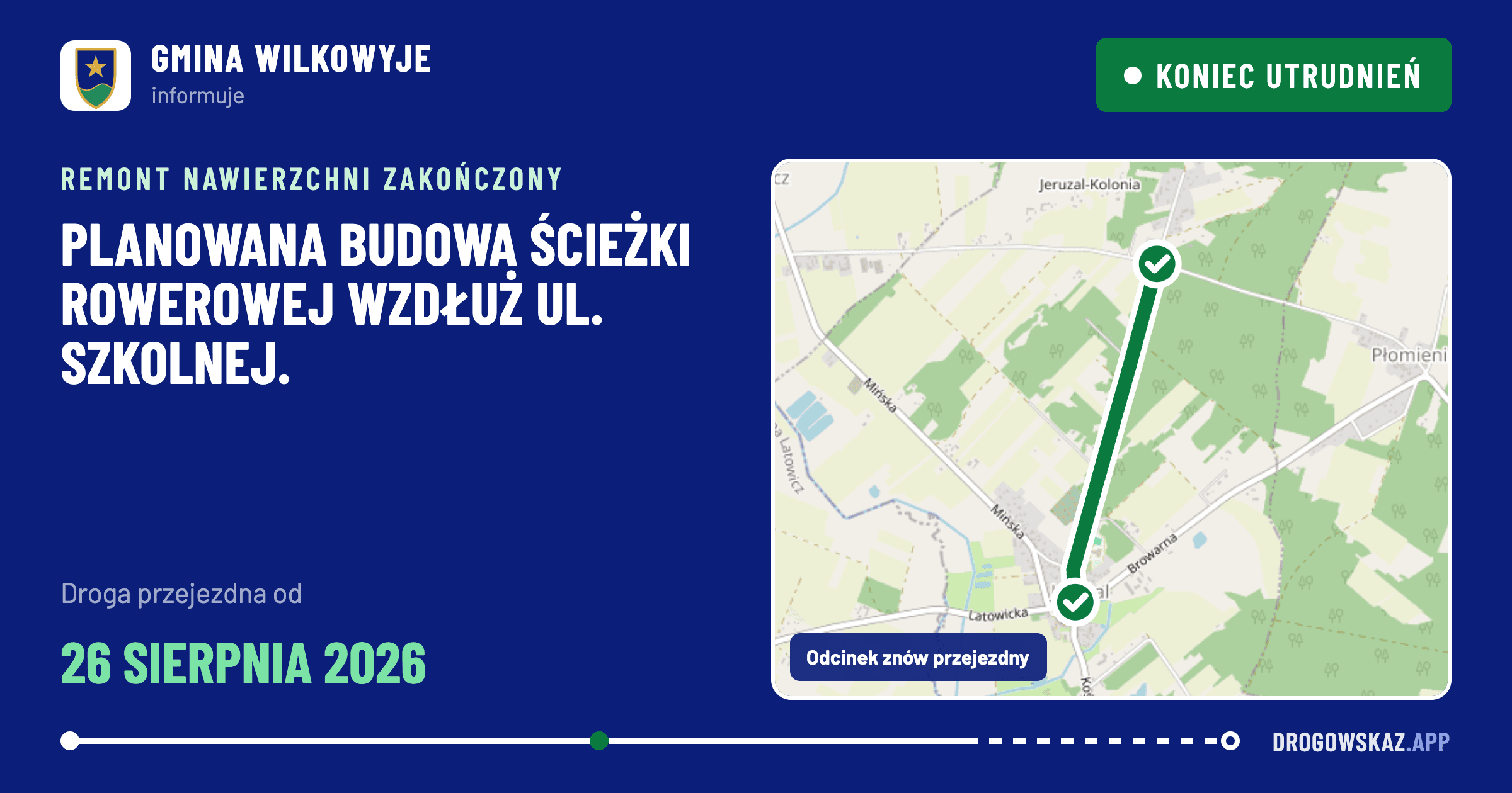 Grafika na Facebooka: koniec utrudnień, droga znów przejezdna — Gmina Wilkowyje
