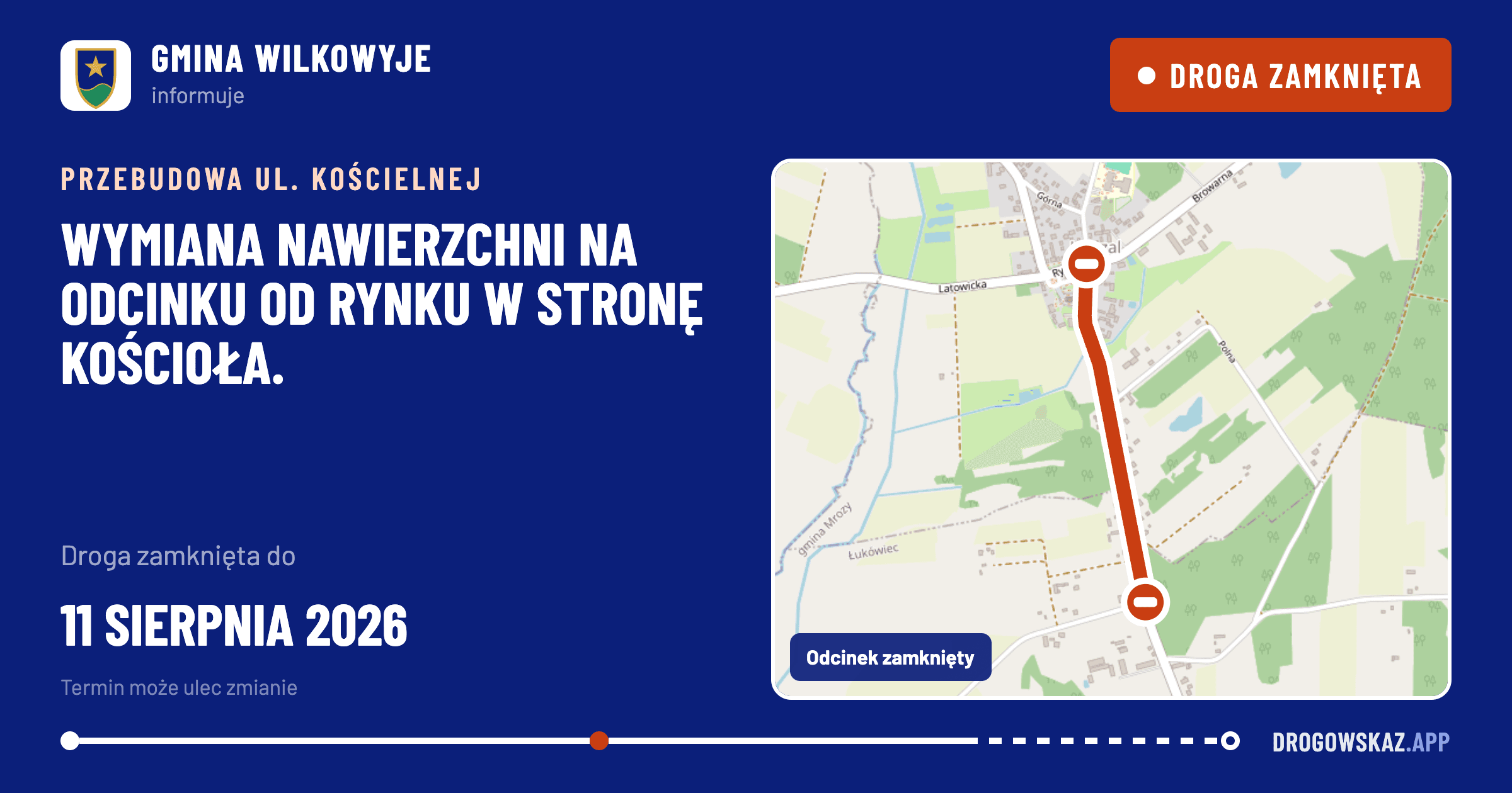 Grafika na Facebooka: przebudowa ul. Kościelnej, droga zamknięta — Gmina Wilkowyje