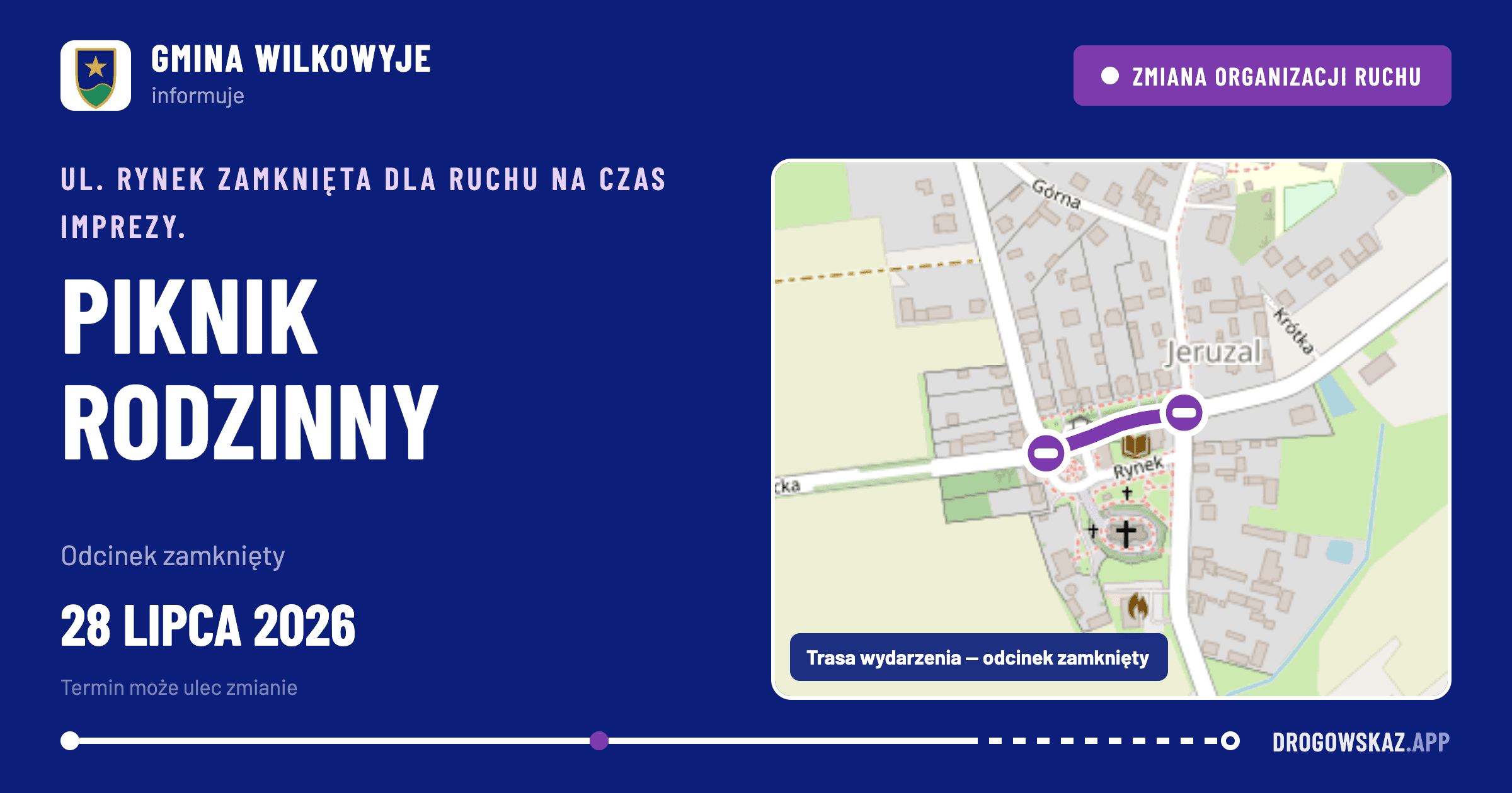 Grafika na Facebooka: piknik rodzinny, zmiana organizacji ruchu — Gmina Wilkowyje