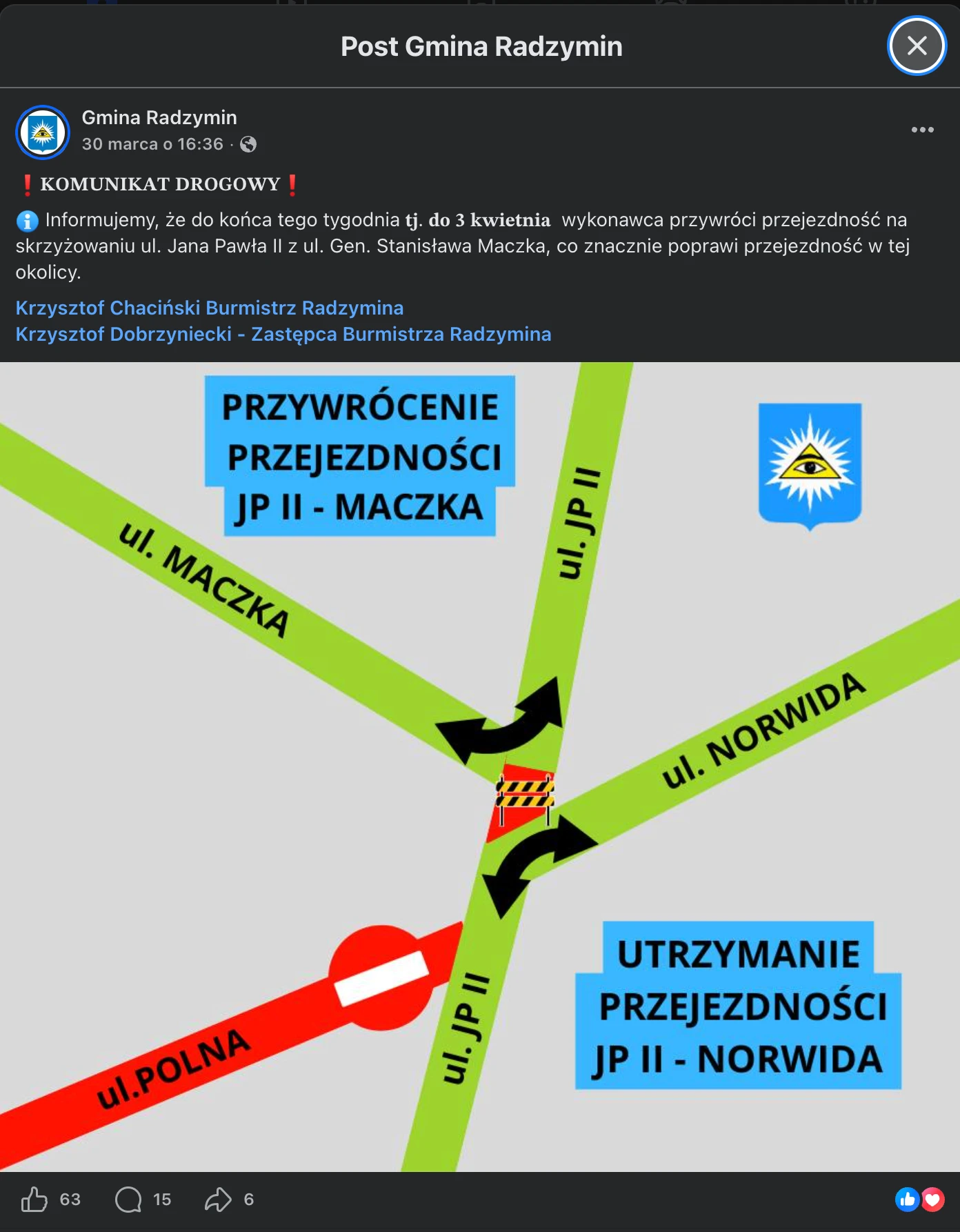 Rzetelny komunikat wydziału na oficjalnym Facebooku Gminy Radzymin.